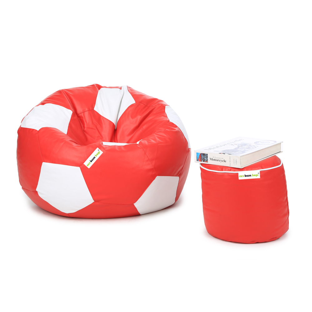 Orka Classic XXXL Foorball With Mathching Footstool Filled Bean Bag With Beans (Red, White)